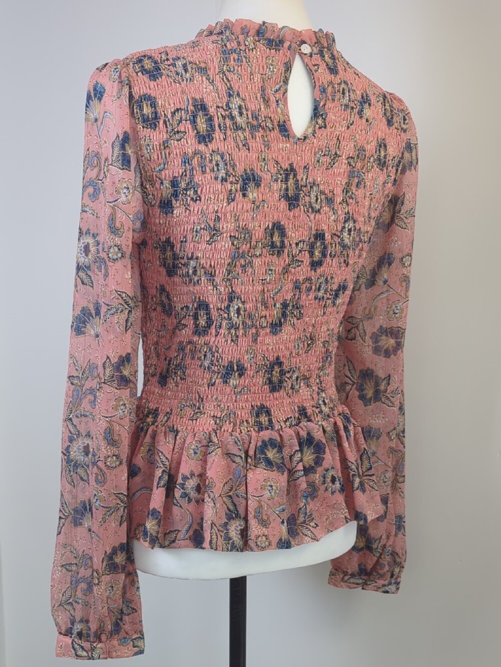 Patrons of Peace Boho Smocked Peplum Floral Blouse Pink Blue Cottagecore LARGE - Picture 8 of 13